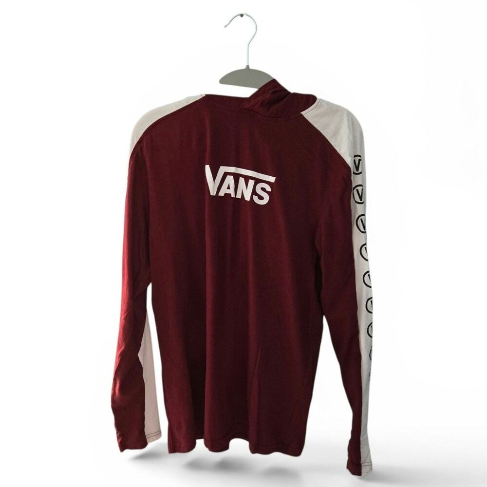 Vans Men's Small Hooded Long Sleeve Shirt Maroon White Raglan Logo Skate Tee